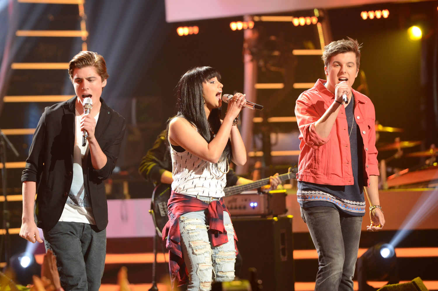 Sam Woolf, from left, Jena Irene and Alex Preston perform on the April 30 episode of the 13th season of &quot;American Idol.&quot;