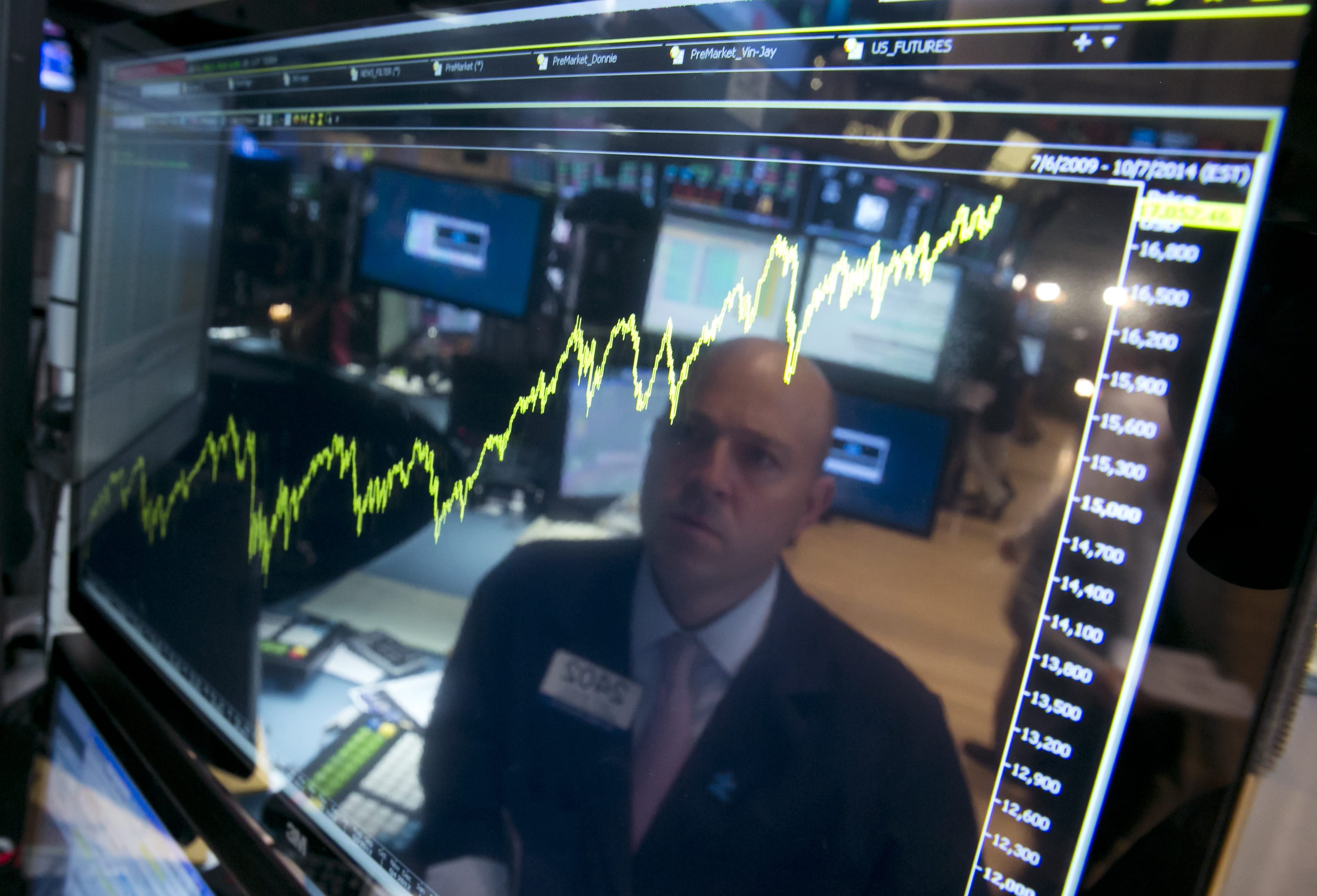 Specialist Jay Woods is reflected in a screen at his post that shows five years of the Dow Jones industrial average, on the floor of the New York Stock Exchange.