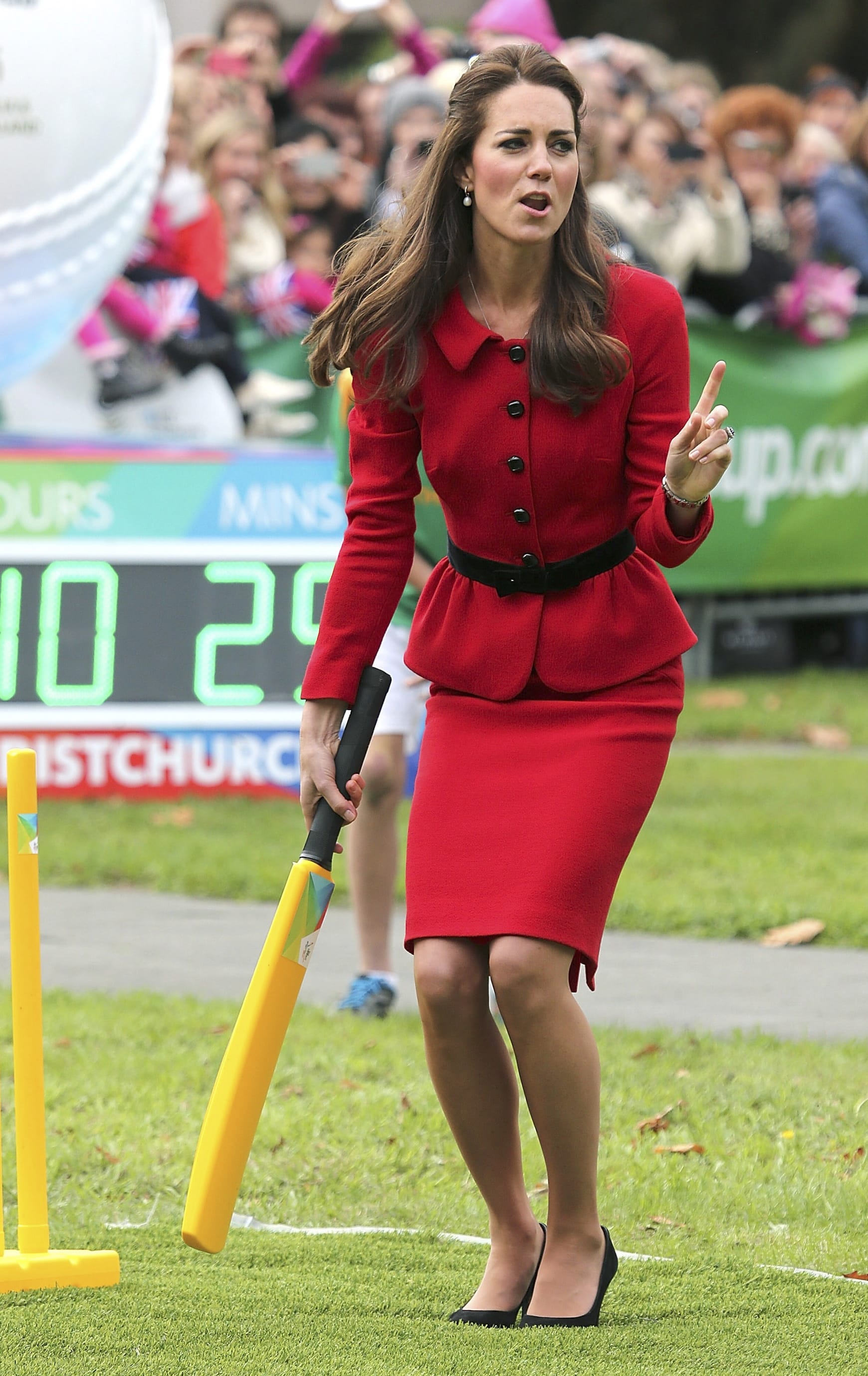 Kate, the Duchess of Cambridge, plays cricket April 14 in Latimer Square in Christchurch, New Zealand.