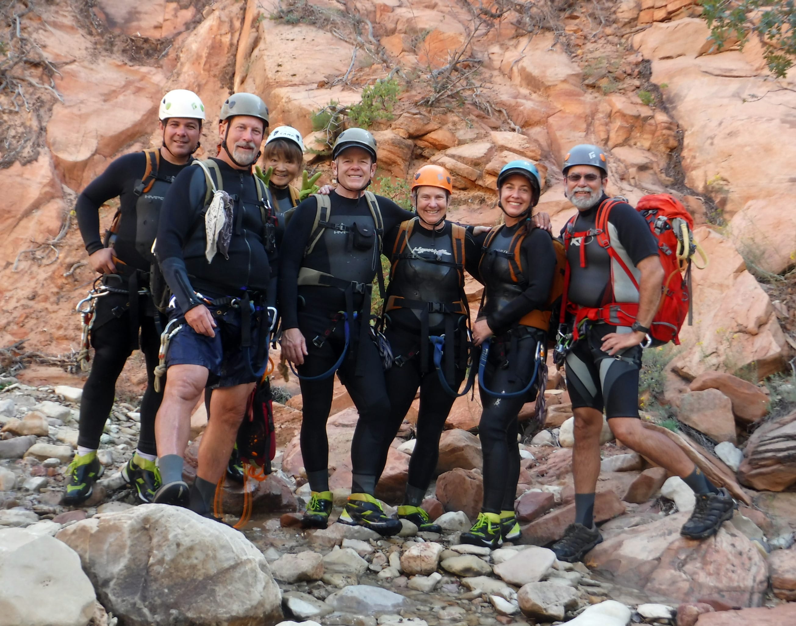 This photo released by National Park Service shows from left to right: Gary Favela, Don Teichner, Muku Reynolds, Steve Arthur, Linda Arthur, Robin Brum, and Mark MacKenzie.  The hikers, six from California and one from Nevada, died when fast-moving floodwaters rushed through a narrow park canyon Monday.