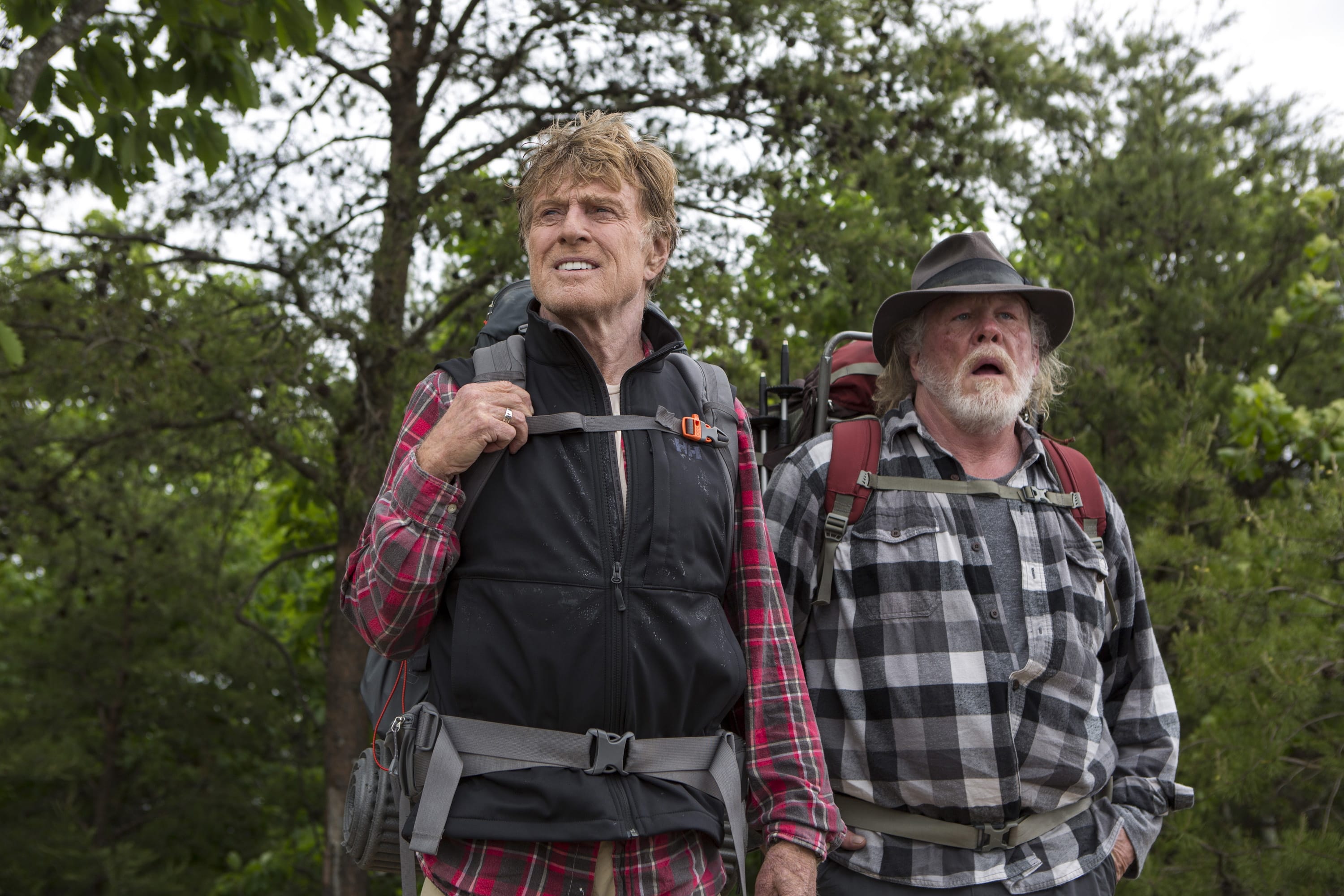 This photo provided by Broad Green Pictures shows, Robert Redford, left, as Bill Bryson, and Nick Nolte as Stephen Katz, in the film, &quot;A Walk in the Woods.&quot; Redford co-stars with Nolte and Emma Thompson in the movie which releases in U.S. theaters on Sept. 2, 2015.