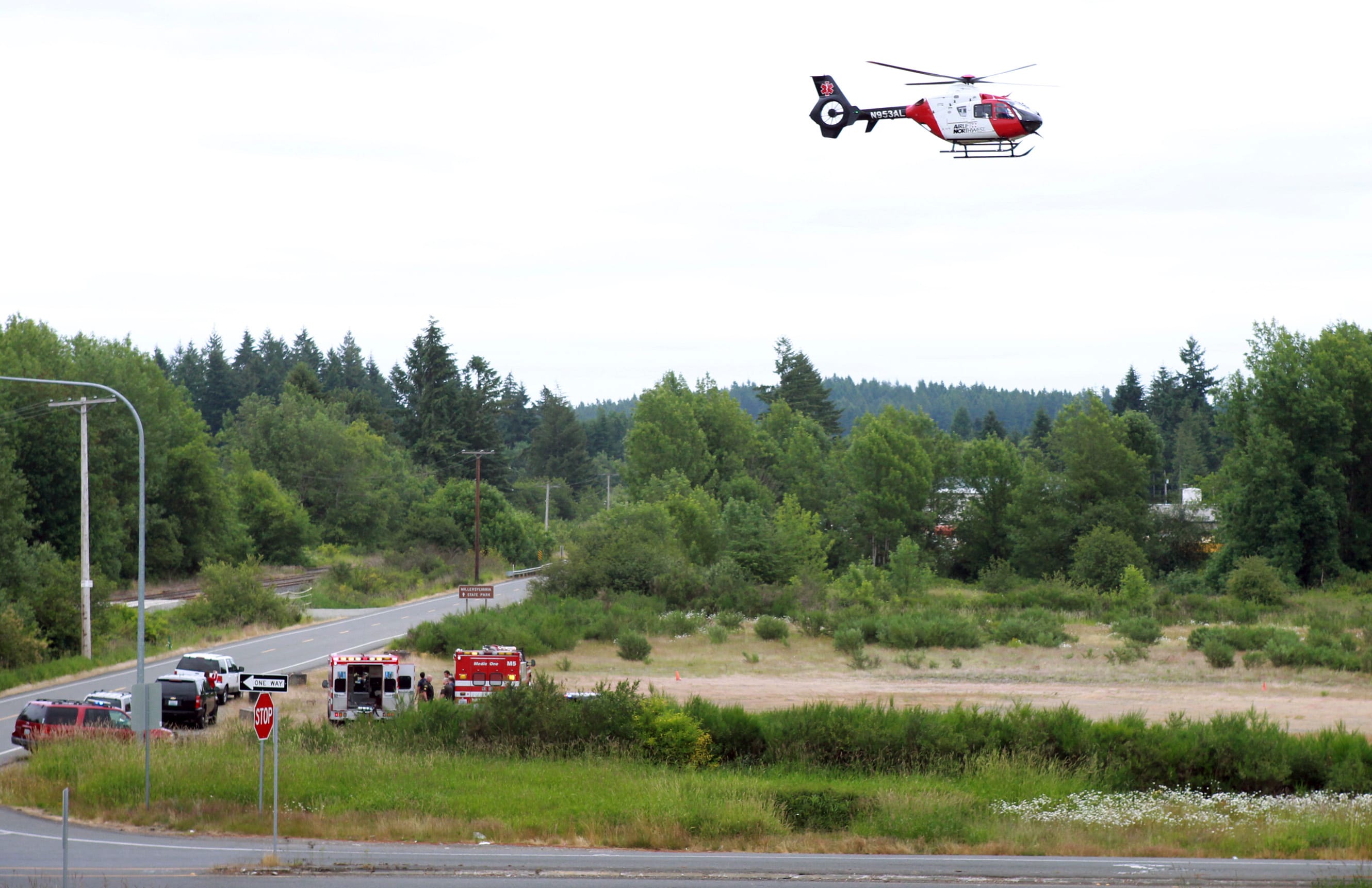 A helicopter takes off after an explosion at the Entertainment Fireworks plant on Wednesday in Tenino. Thurston County sheriff's spokesman Lt.