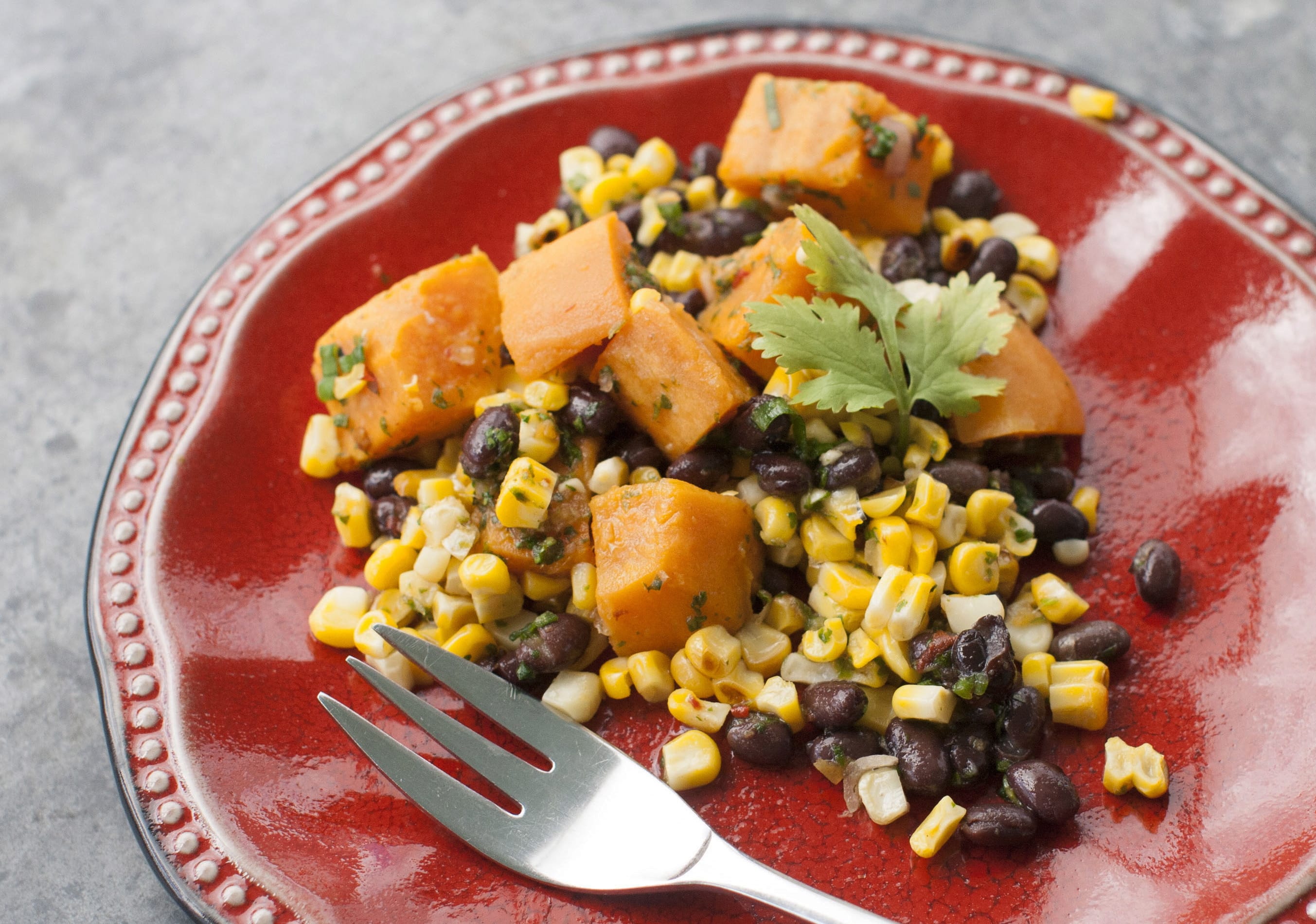 Weet Potato, Grilled Corn And Black Bean Salad with Spicy Cilantro Dressing
