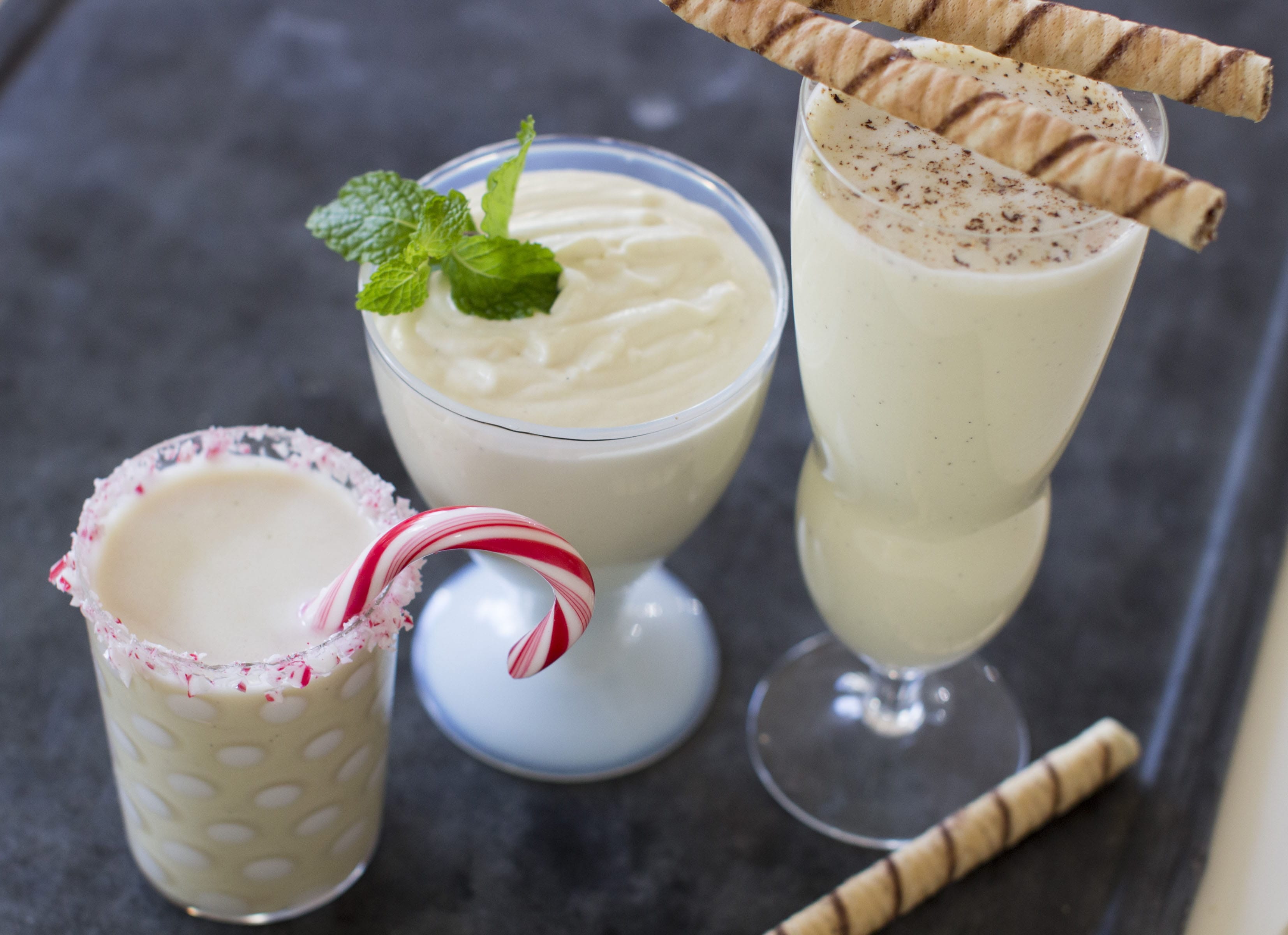 White Chocolate Peppermint Eggnog, from left, Light And Airy Eggnog And Classic Eggnog