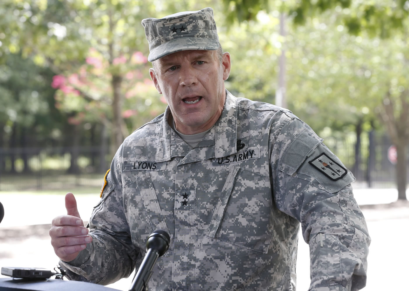 Army Major General Stephen Lyons speaks during a news conference at the base in Fort Lee, Va., on Monday.