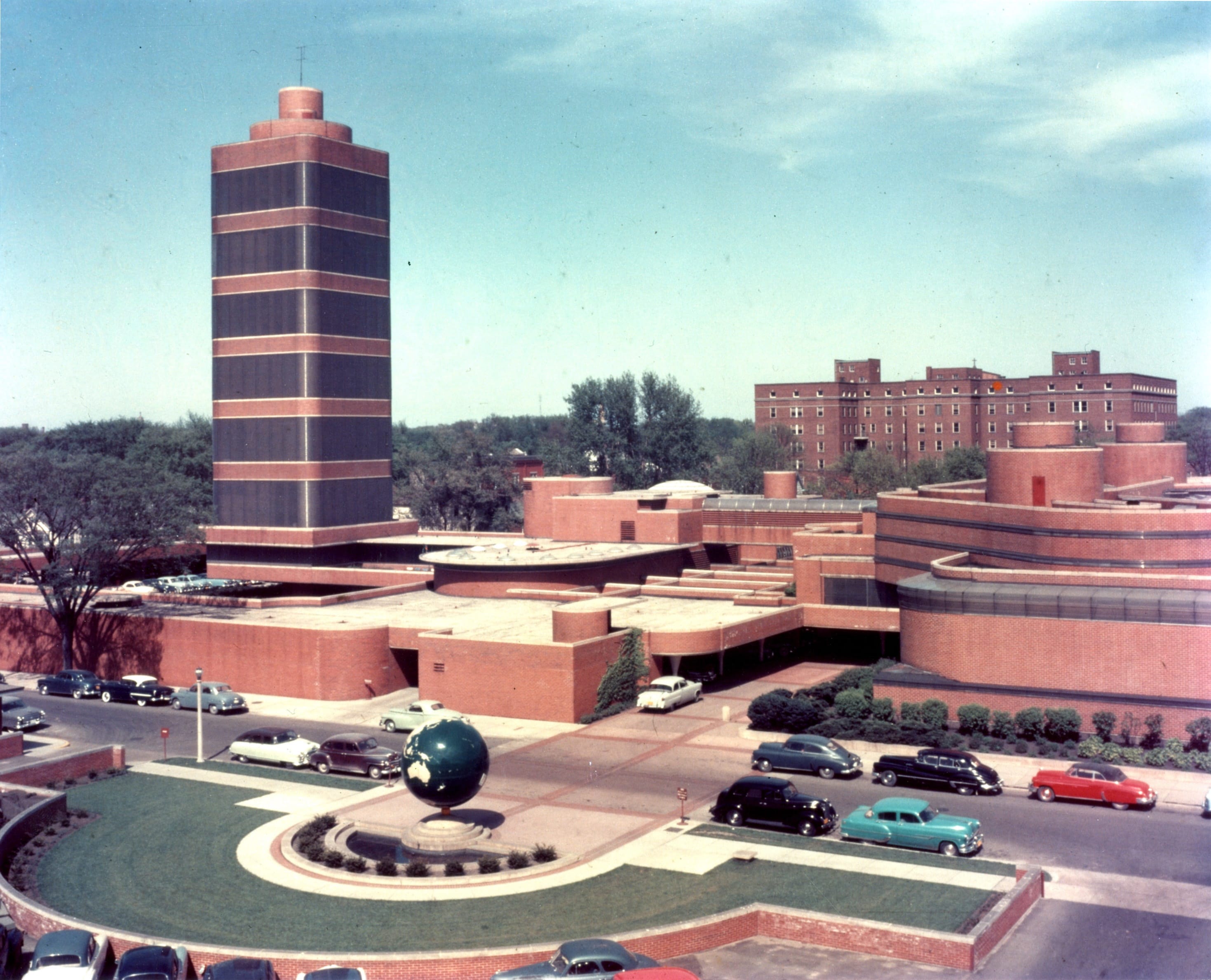 This photo taken around 1955 provides an aerial view of the SC Johnson Research Tower designed by Frank Lloyd Wright, in Racine, Wis.