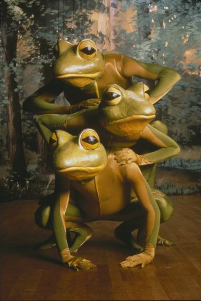Larger-than-life-size penguins, frogs and other creatures taking on human characteristics in &quot;Frogz&quot; at Imago Theatre in Portland.