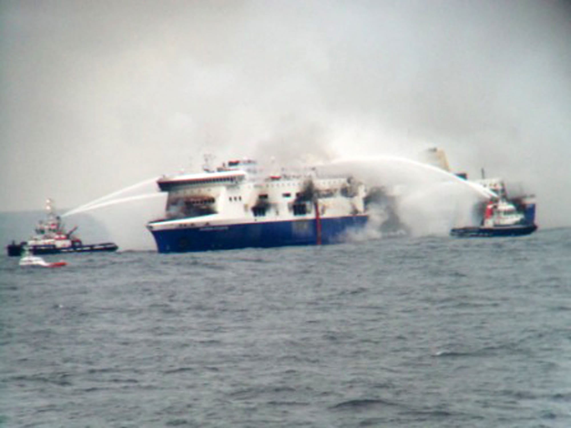 Vessels try Sunday to extinguish the fire at the Italian-flagged Norman Atlantic after it caught fire in the Adriatic Sea.