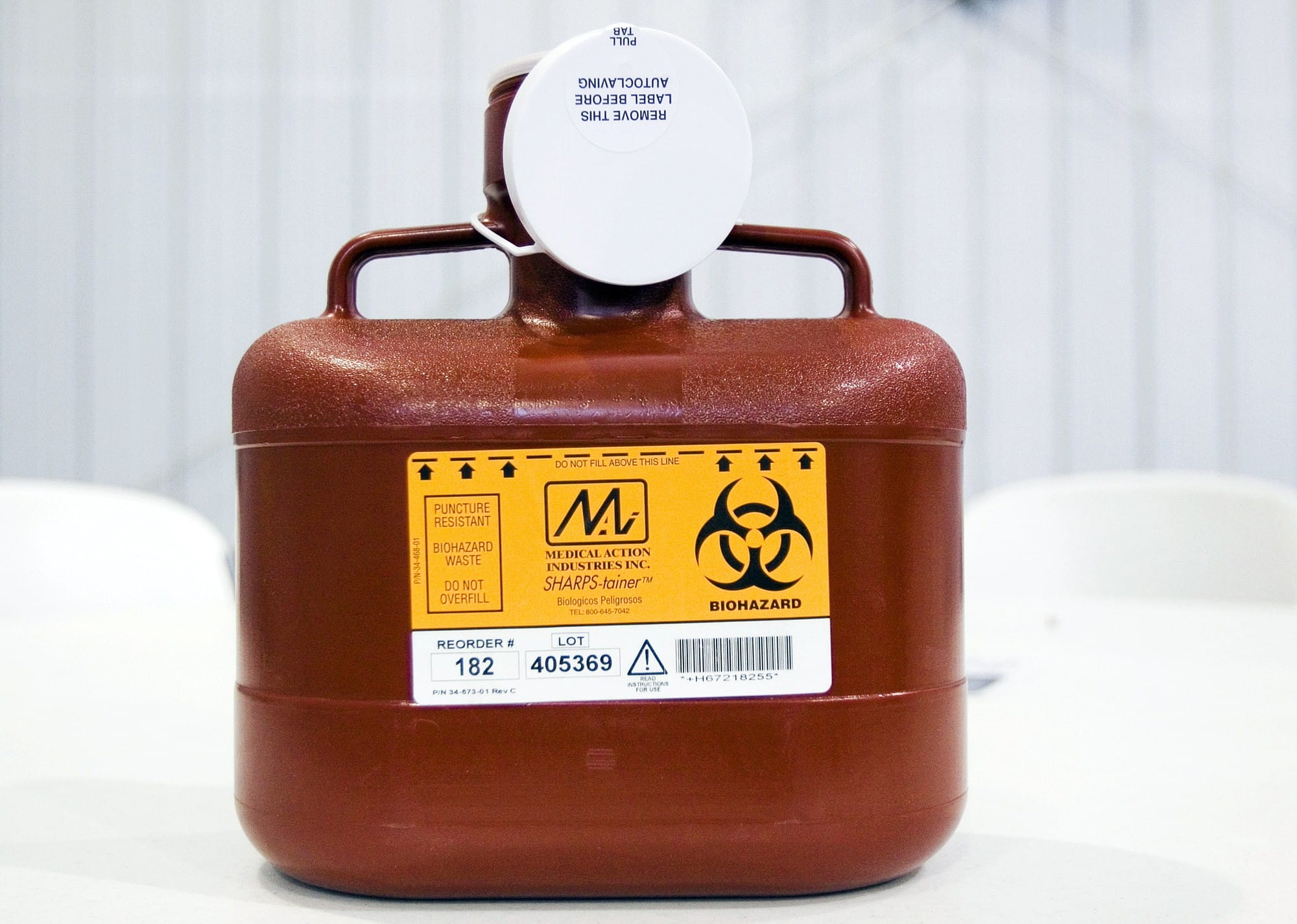 A biohazard container used for the temporary disposal of needles and other sharp objects at an HIV/AIDS training session in Austin, Indiana.