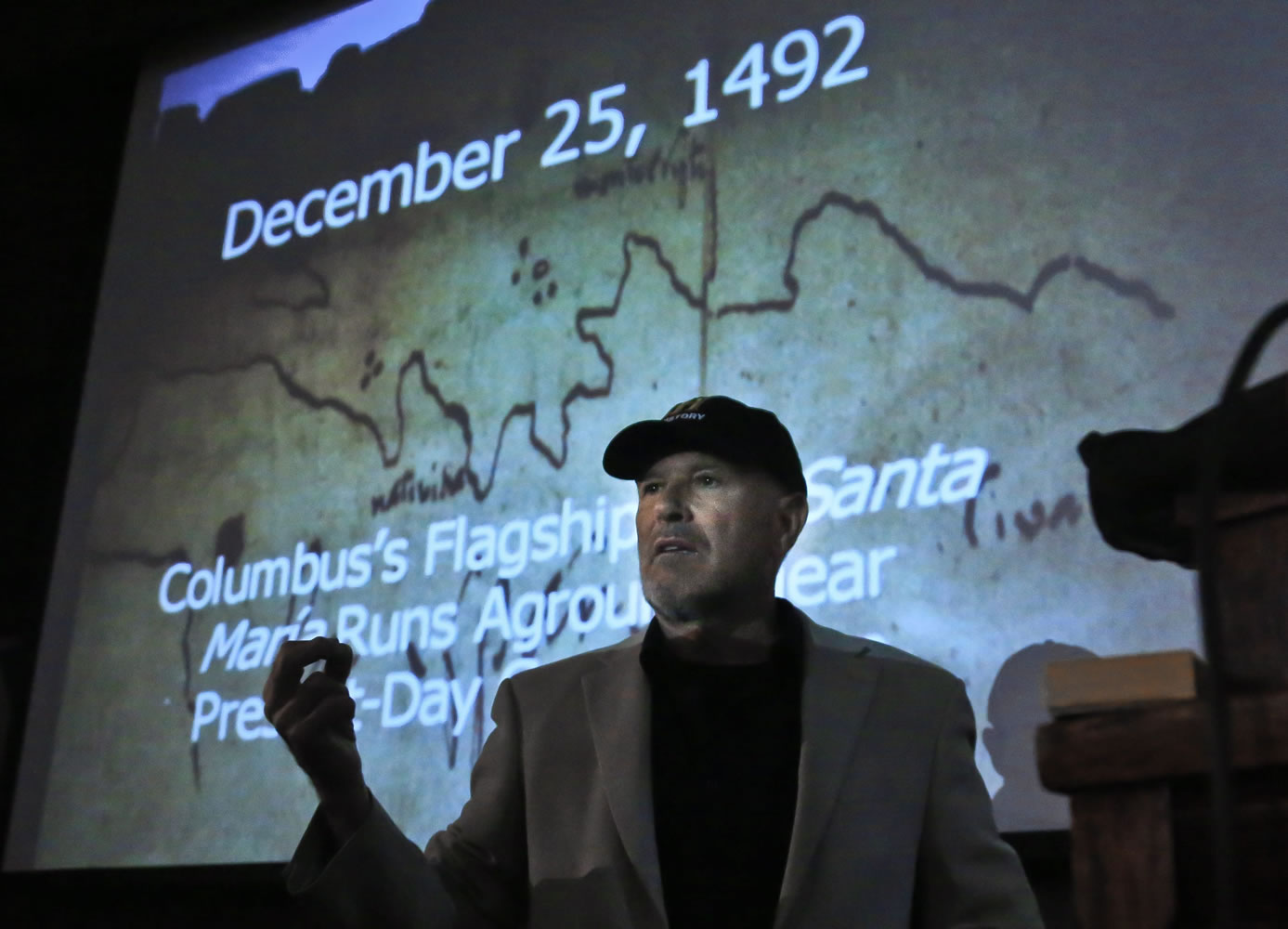 Associated Press
Undersea explorer Barry Clifford shows graphics during a press conference on Wednesday in New York. Clifford believes he has found the wreckage of Christopher Columbus' flagship vessel, Santa Maria.