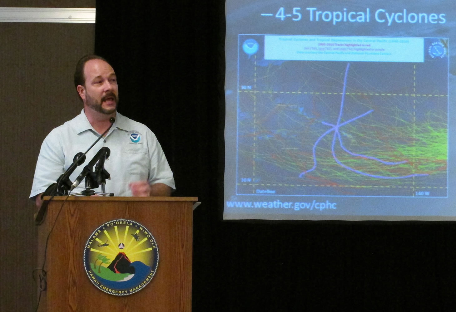 Acting Director Tom Evans of the Central Pacific Hurricane Center speaks during a briefing in Honolulu on Wednesday.