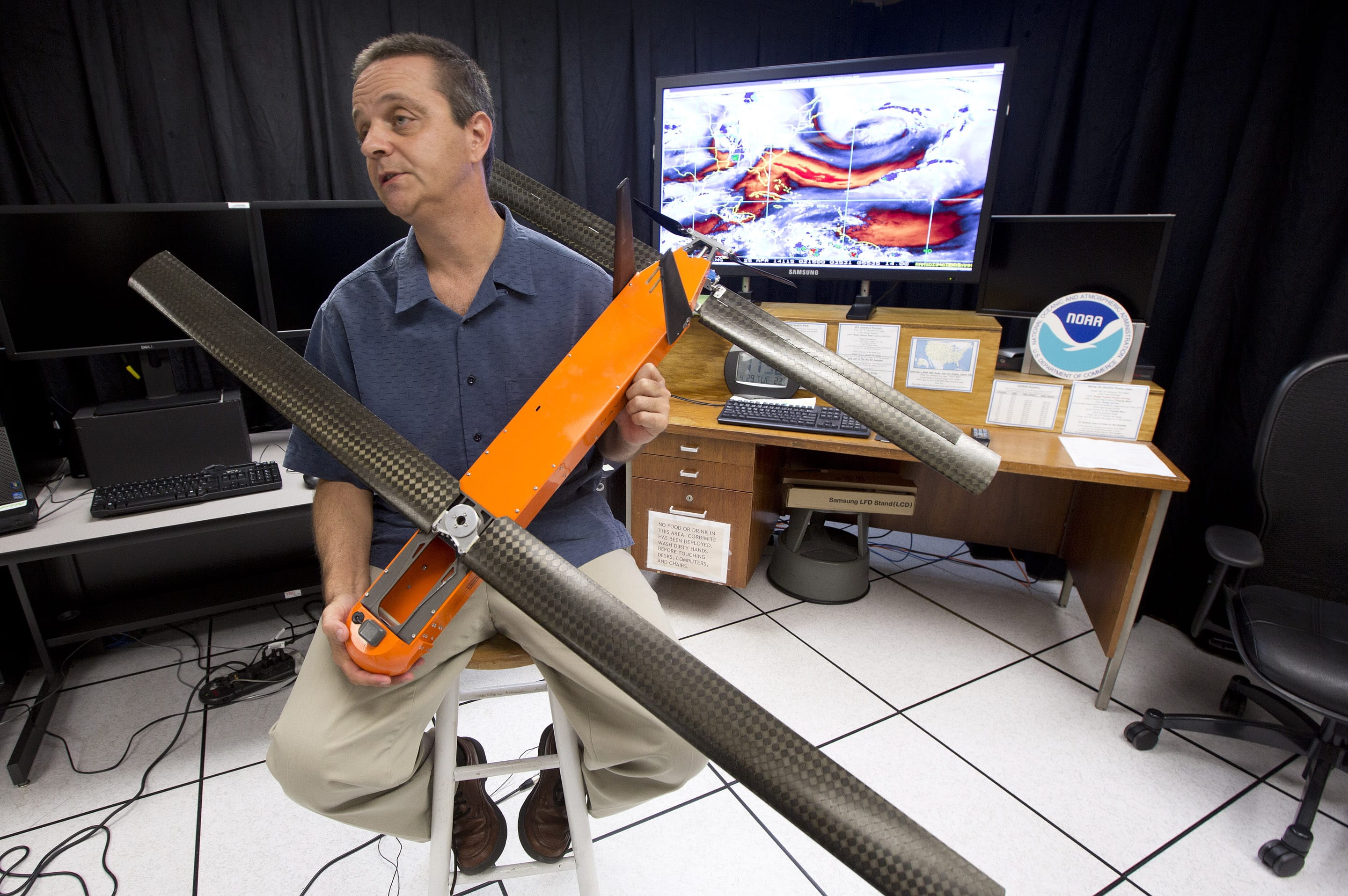 Joe Cione, who studies how storms interact with the ocean at the National Oceanic and Atmospheric Administrationis Hurricane Research Division in Miami, displays a drone in April that he hopes to use this hurricane season for research.