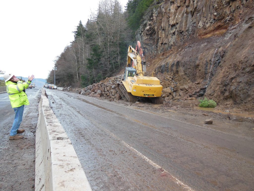 Labor continues Sunday afternoon to clear a landslide from the southern lanes of Interstate 84 near Milepost 61.