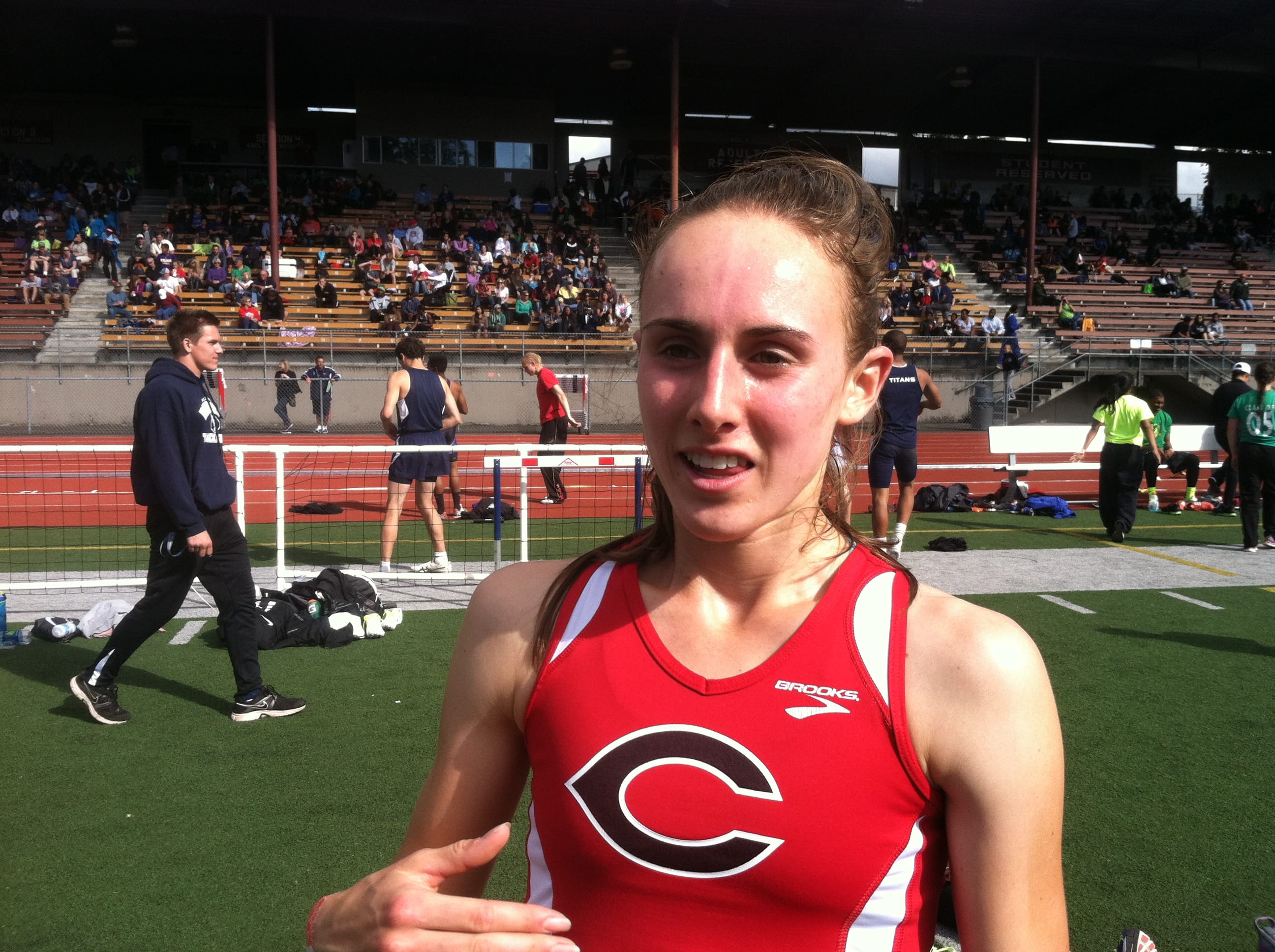 Alexa Efraimson of Camas  after winning the 1600 meters Friday at the 4A bi-district track meet in Kent.