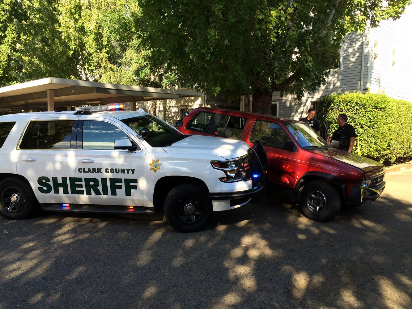 A Clark County Sheriff's deputy forced a fugitive in a stolen car off the road during a short pursuit around the Steeple Chase Apartments at 4617 N.E. St. Johns Road Thursday afternoon.