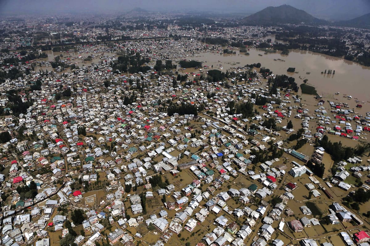 An aerial view shows buildings partially submerged Wednesday in the city of Srinagar, in Indian-controlled Kashmir.