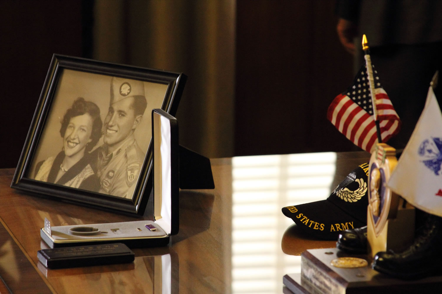 The case for the Purple Heart medal and other memorabilia is shown Friday at the state Capitol in Salem, Ore.