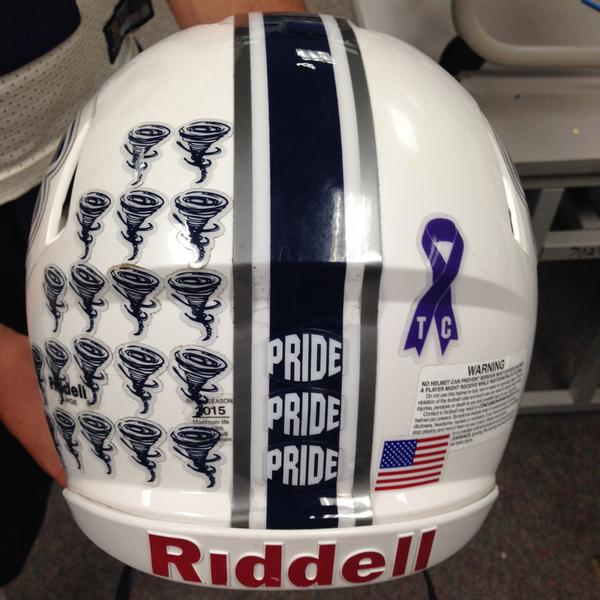 Skyview football players wore a blue ribbon sticker on their helmets Friday with "TC" on them to honor principal Kym Tyelyn-Carlson as she battles cancer (Photo courtesy of Eric Rice)