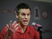 Los Angeles Angels General Manager Jerry Dipoto speaks to reporters during a news conference in April. The Seattle Mariners have found their new general manager, hiring former Angels GM Jerry Dipoto. Seattle announced Dipoto's hiring Monday, Sept. 28, 2015. He replaces Jack Zduriencik, who was fired in late August after seven disappointing seasons. (AP Photo/Jae C.