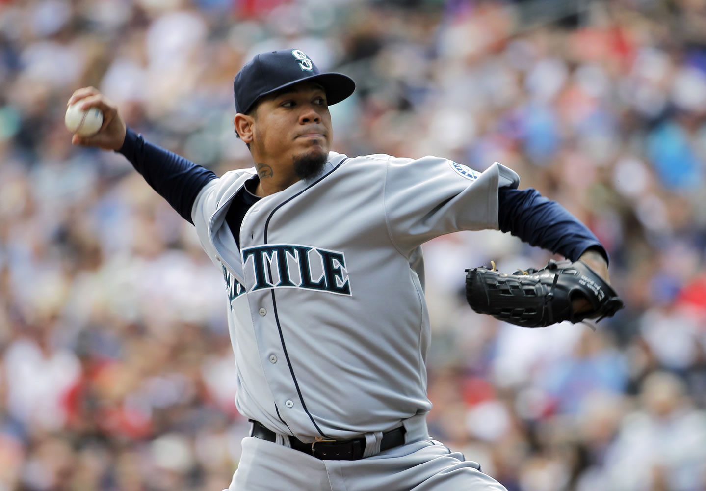 Felix Hernandez went eight innings Sunday, giving up two runs on seven hits while striking out five and walking one in the Mariners' 6-2 win at Minnesota.