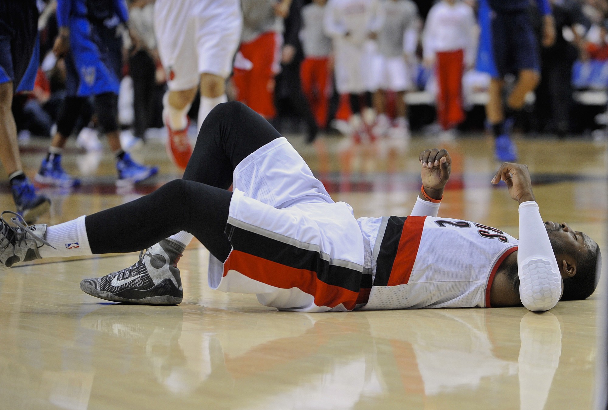 Portland's Wesley Matthews after injuring his left achilles against the Dallas Mavericks during the second half Thursday.