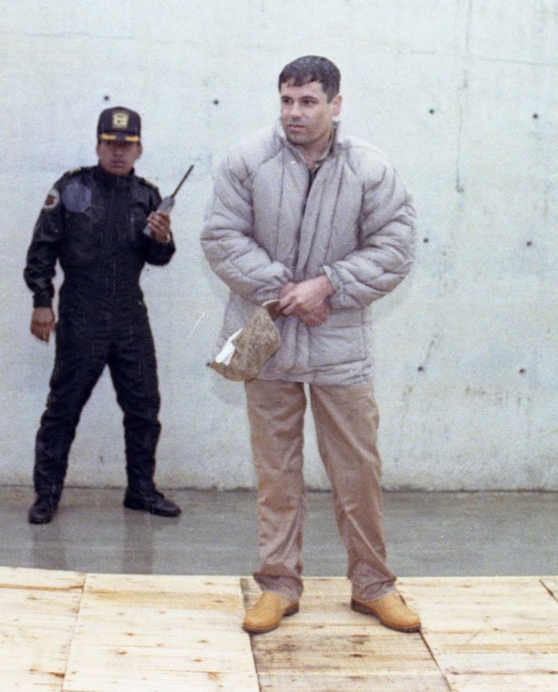 Mexican drug lord Joaquin &quot;El Chapo&quot; Guzman is shown to the press at the Almoloya de Juarez, a high security prison on the outskirts of Mexico City.