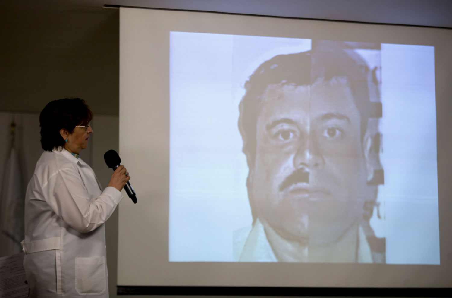 Sara Medina of Mexico's Attorney General's office shows combined images of Joaquin Guzman Loera on Tuesday at a news conference in Mexico City.