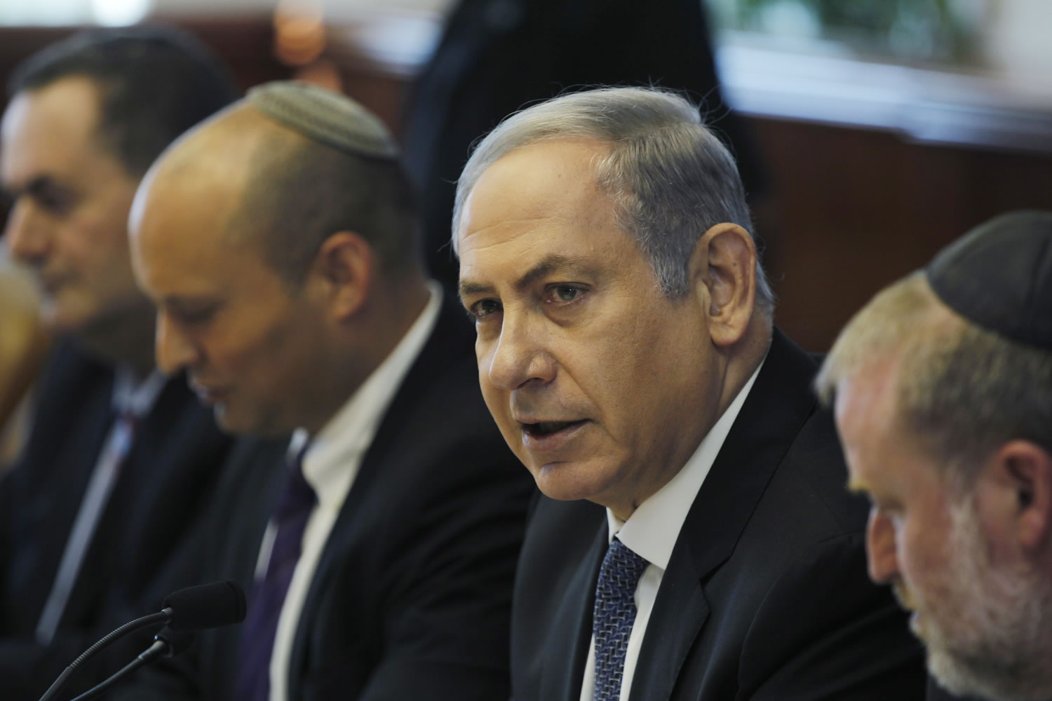 Israel's Prime Minister Benjamin Netanyahu attends the weekly cabinet meeting at his office in Jerusalem on Monday, Aug. 31, 2015.