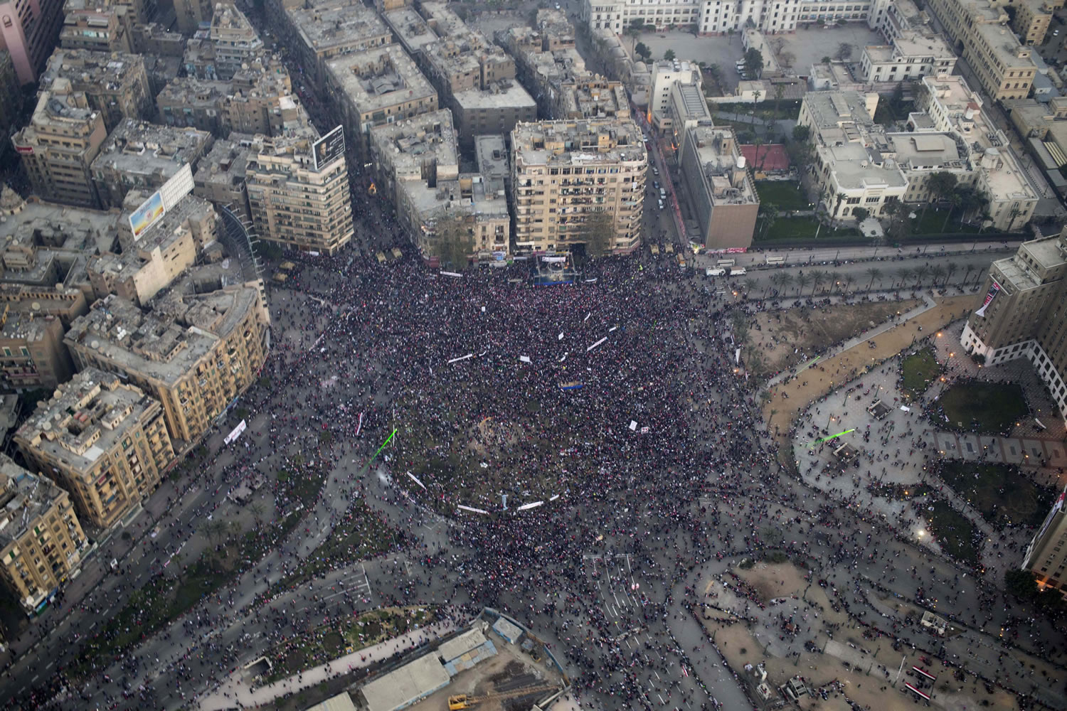 This aerial image made from an Egyptian army helicopter shows a general view of a pro-military rally Saturday in Tahrir Square, the epicenter of the 2011 uprising, in Cairo, Egypt.