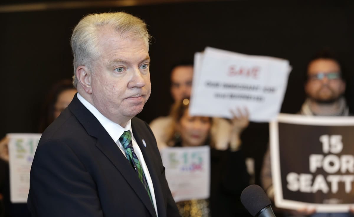 Seattle Mayor Ed Murray addresses a news conference on a proposal to increase the minimum wage in the city April 24 in Seattle.