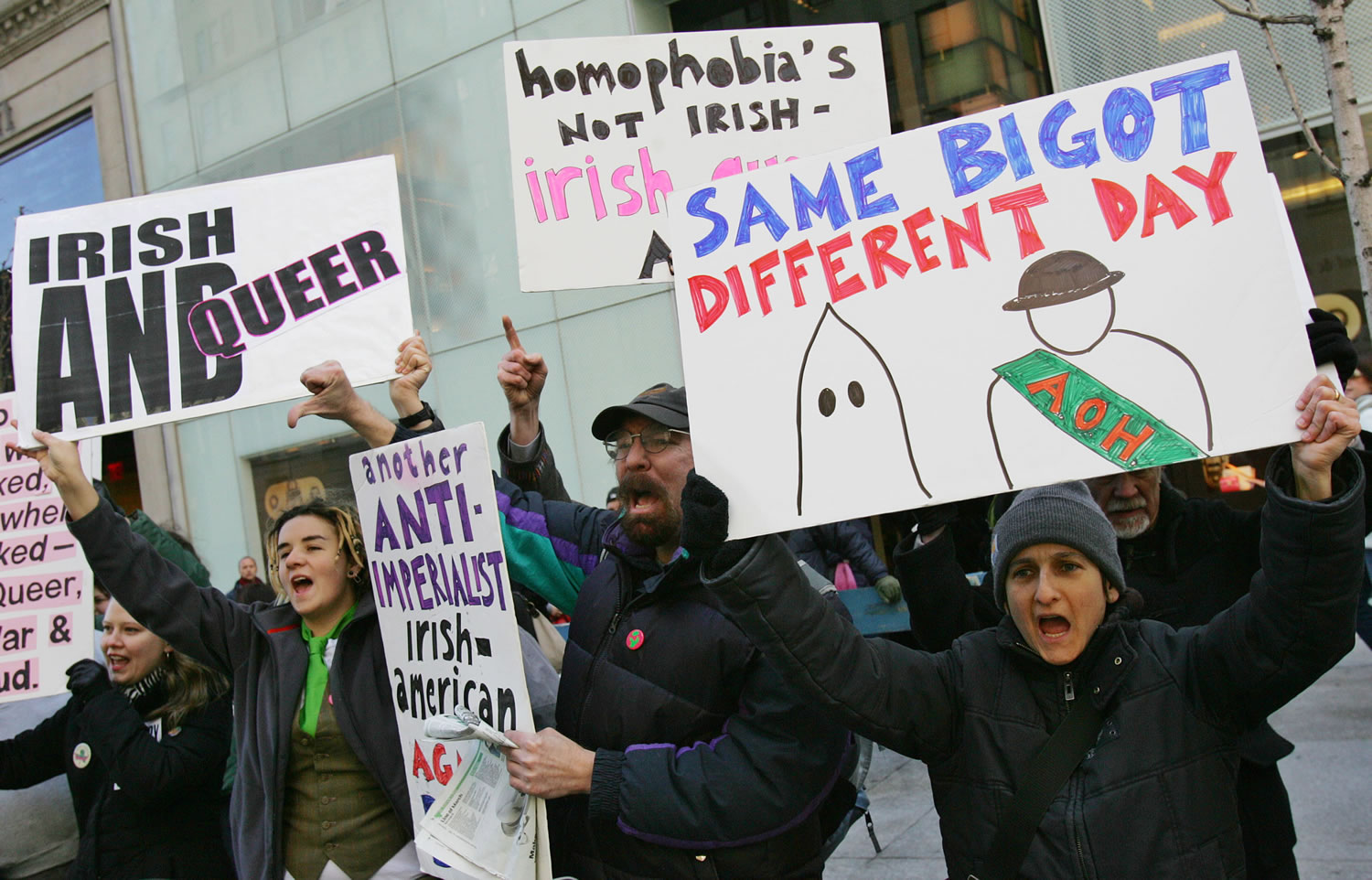 Members of the Irish-American gay community protest on Fifth Avenue against the exclusion of Irish and Irish-American gays people from marching in the annual St.