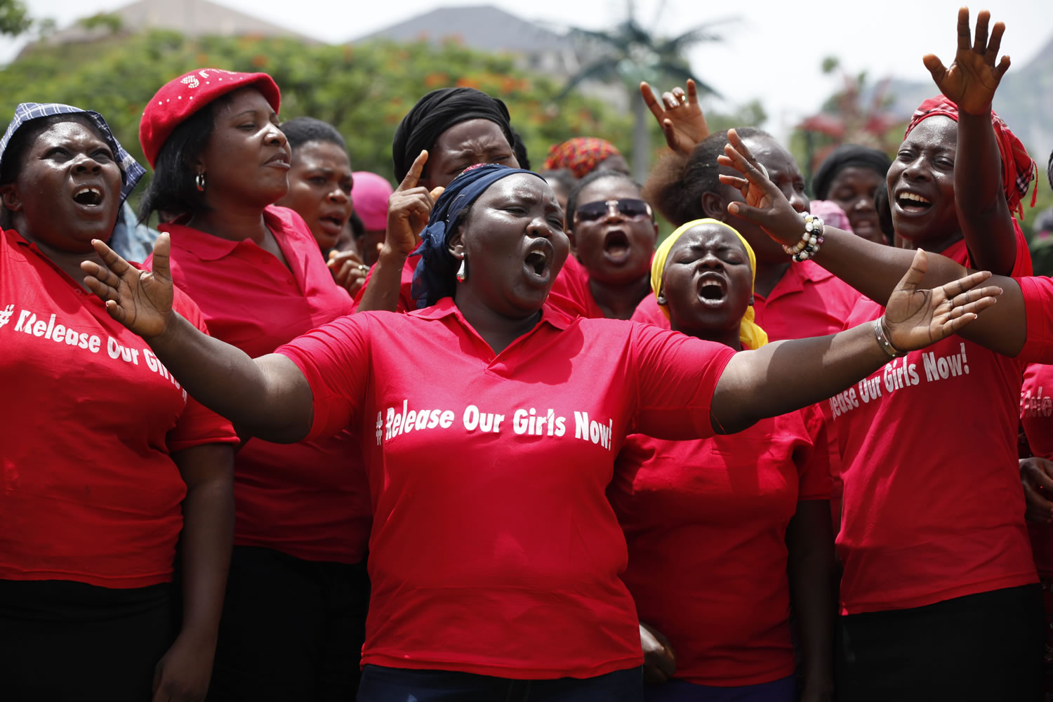 Women sing Tuesday at a prayer meeting in Abuja, Nigeria, calling on the government to rescue nearly 300 students kidnapped more than a month ago.