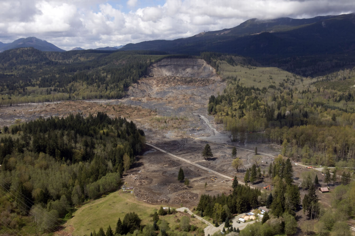 An ariel view shows damage in Oso on April 22 caused by deadly mudslide that struck the community in March.