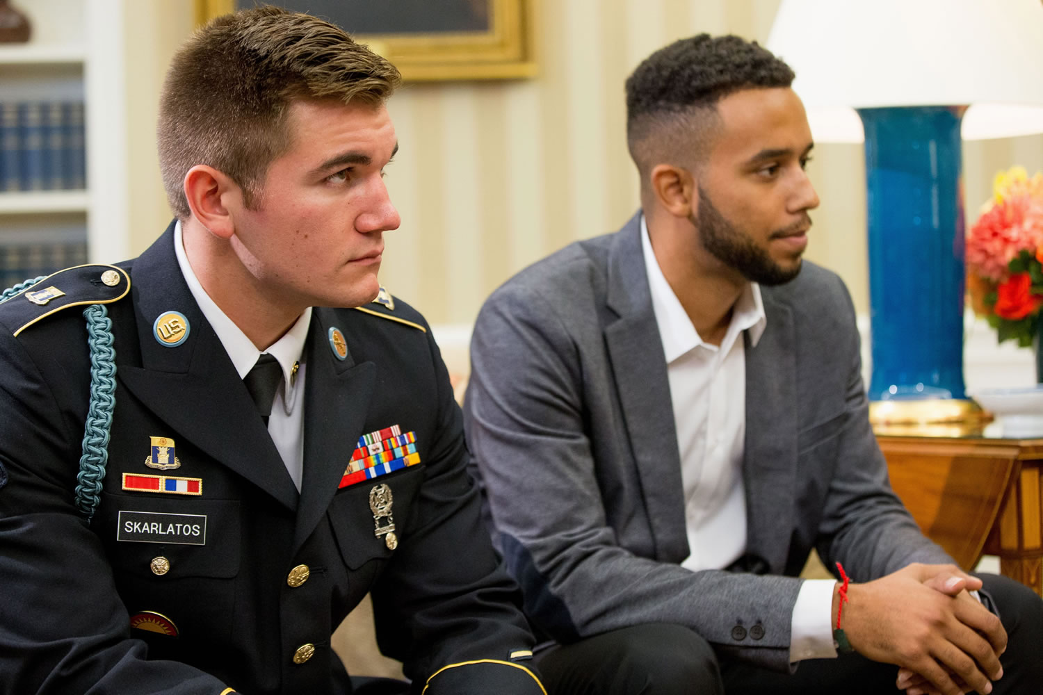 President Barack Obama meets with Oregon National Guardsman Alek Skarlatos, left,  Anthony Sadler, right, and Air Force Airman 1st Class Spencer Stone in the Oval Office of the White House in Washington on Thursday to honor them for heroically subduing a gunman on a passenger train in Paris last month.