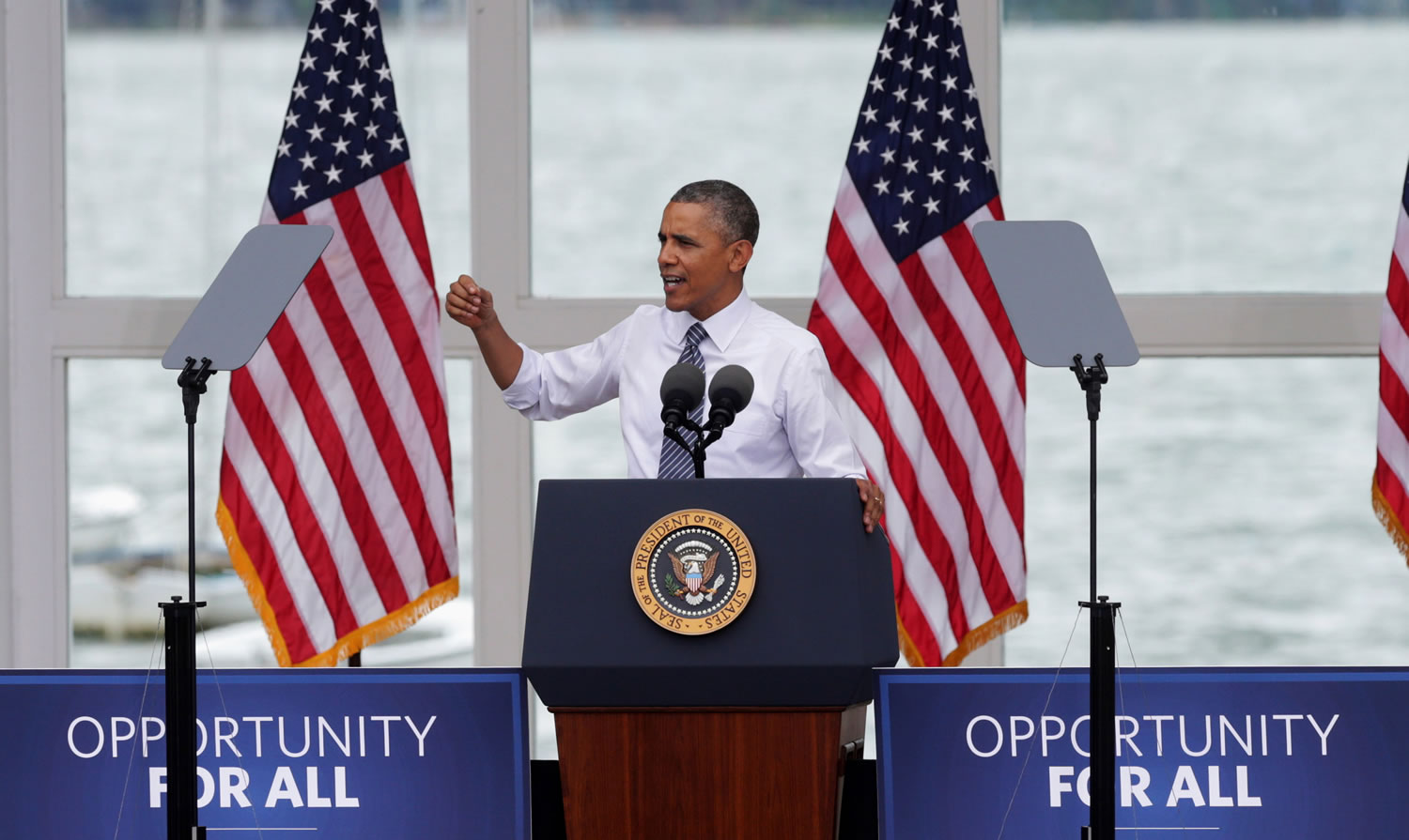 President Barack Obama gives an economic policy speech at the Lake Harriet Bandshell on Friday in Minneapolis for the first in a series of Day-in-the-Life visits that he plans to make across the country this summer.