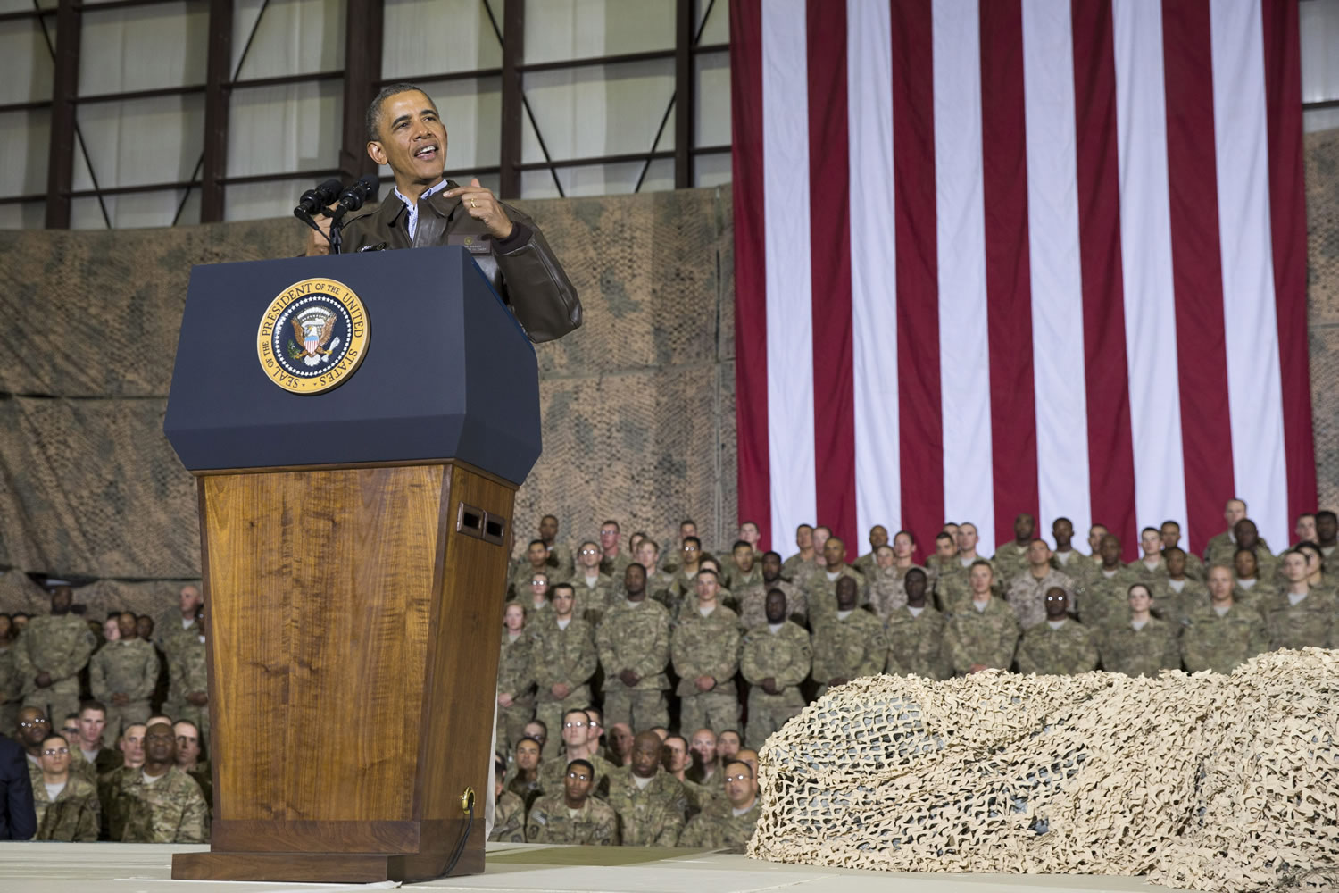 President Barack Obama speaks during a troop rally after arriving at Bagram Air Field for an unannounced visit, north of Kabul, Afghanistan, on May 25.