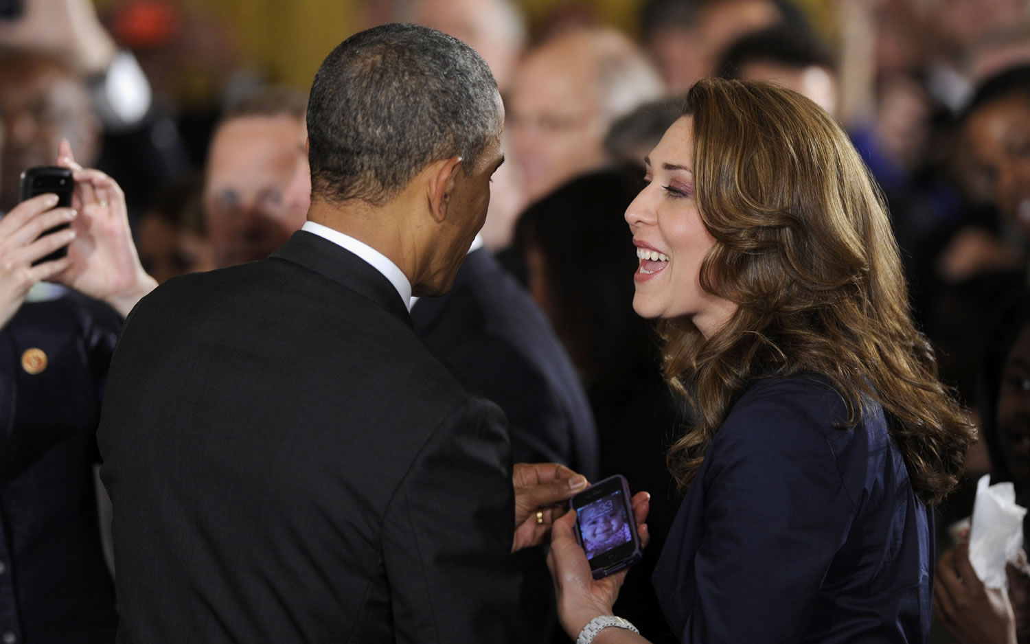 President Barack Obama talks today with Rep. Jaime Herrera Beutler, R-Camas, in the East Room of the White House in Washington after a ceremony where the president honored the NFL Super Bowl champion Seattle Seahawks football team.