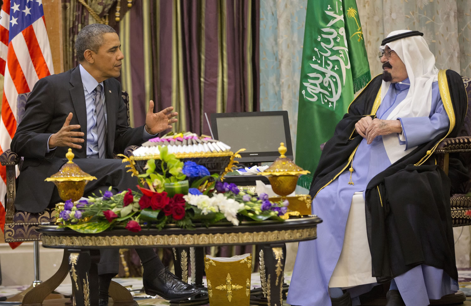 President Barack Obama meets with Saudi King Abdullah at Rawdat Khuraim, Saudi Arabia, Friday, March 28, 2014.