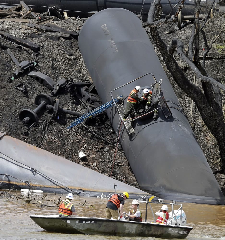 The site where several CSX tanker cars carrying crude oil derailed and caught fire May 1 along the James River near downtown Lynchburg, Va.