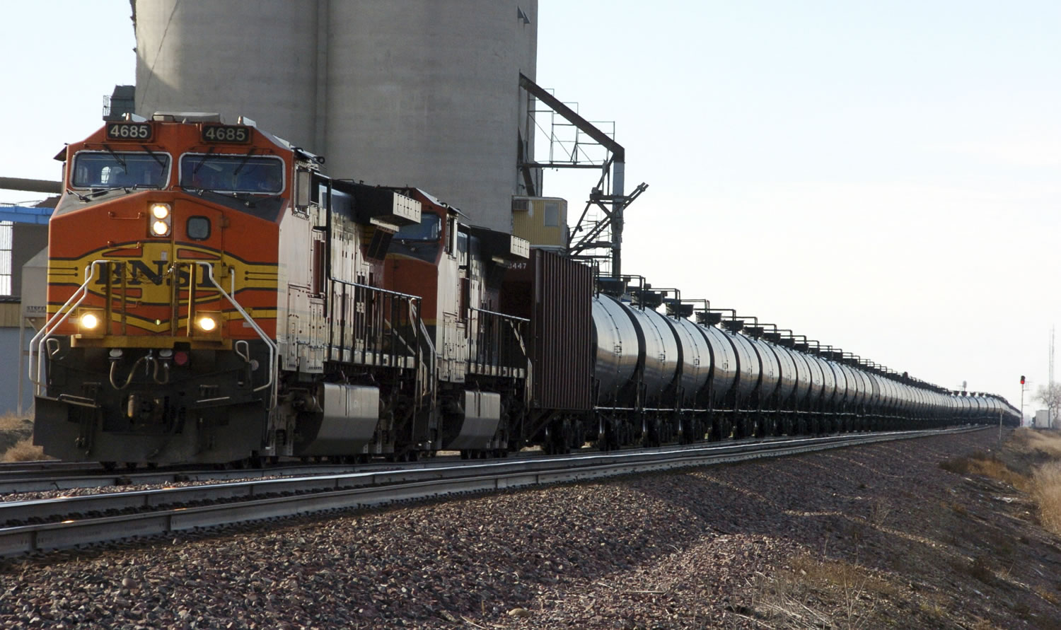 A BNSF Railway train hauls crude oil near Wolf Point, Mont.