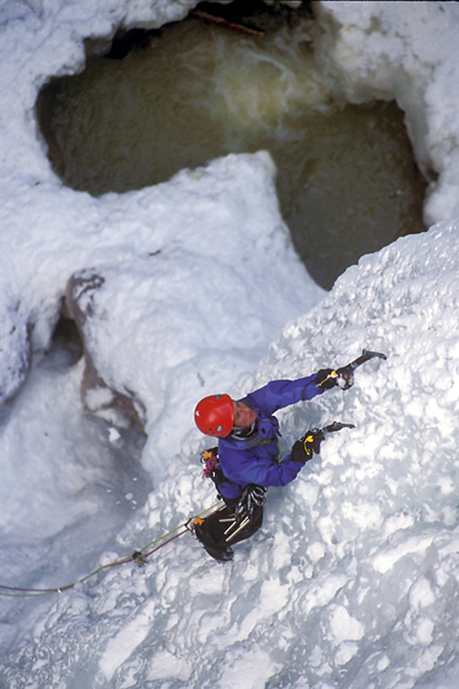 A climber making her way up the Ouray Ice Park in Ouray, Colo.