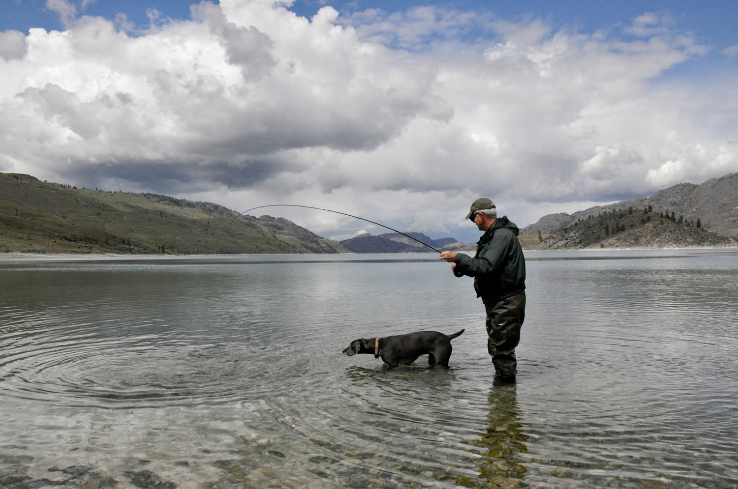 Fly fisherman Walt Balek's dog, Cargo, watches him land a Lahontan cutthroat trout May 5 at Omak Lake. On the million-acre Colville Indian Reservation reservation, two dozen of about 35 fishable lakes are open to nontribal anglers. A few of them are outstanding.