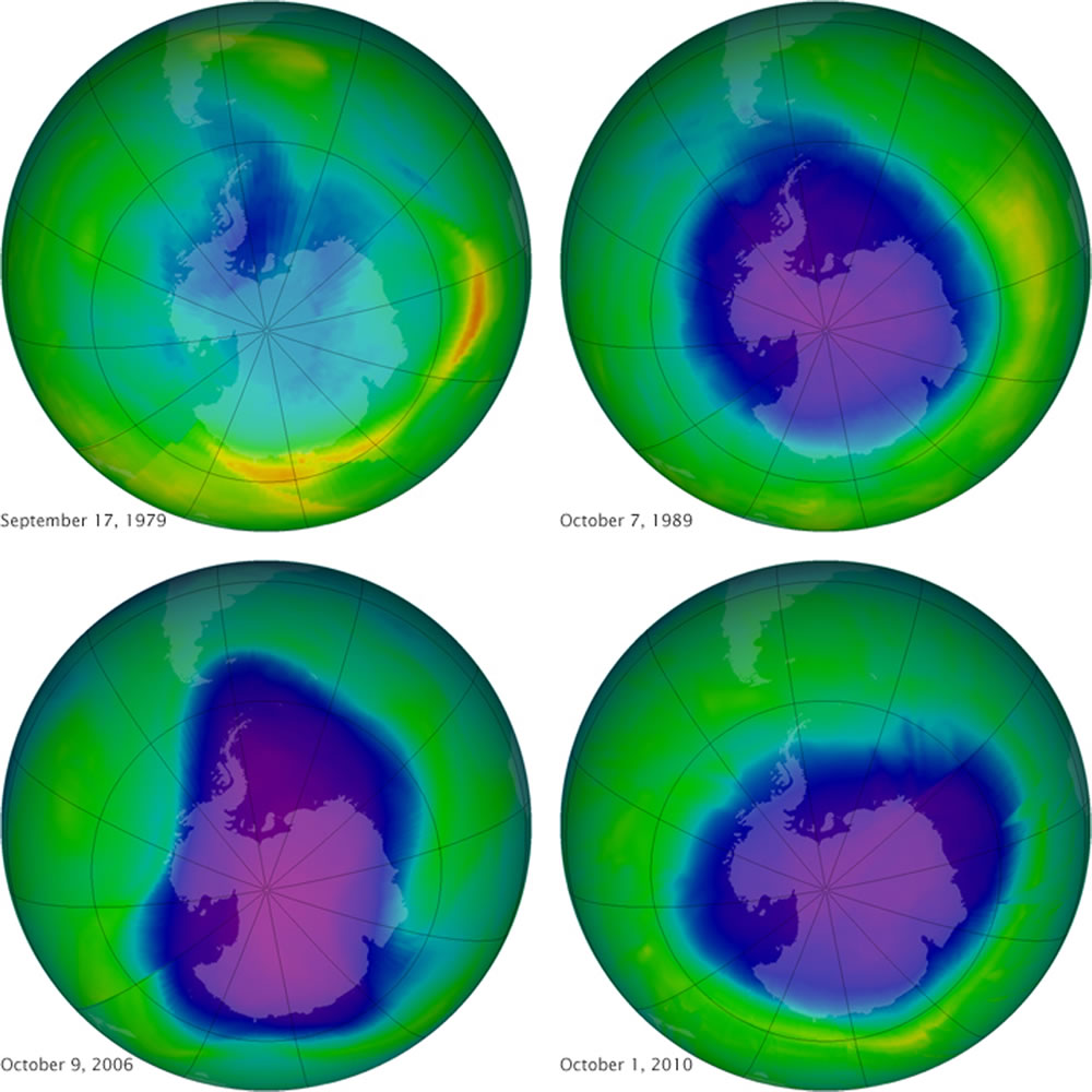 This undated image provided by NASA shows the ozone layer over the years, Sept. 17, 1979, top left, Oct. 7, 1989, top right, Oct. 9, 2006, lower left, and Oct. 1, 2010, lower right. Earth protective but fragile ozone layer is finally starting to rebound, says a United Nations panel of scientists.