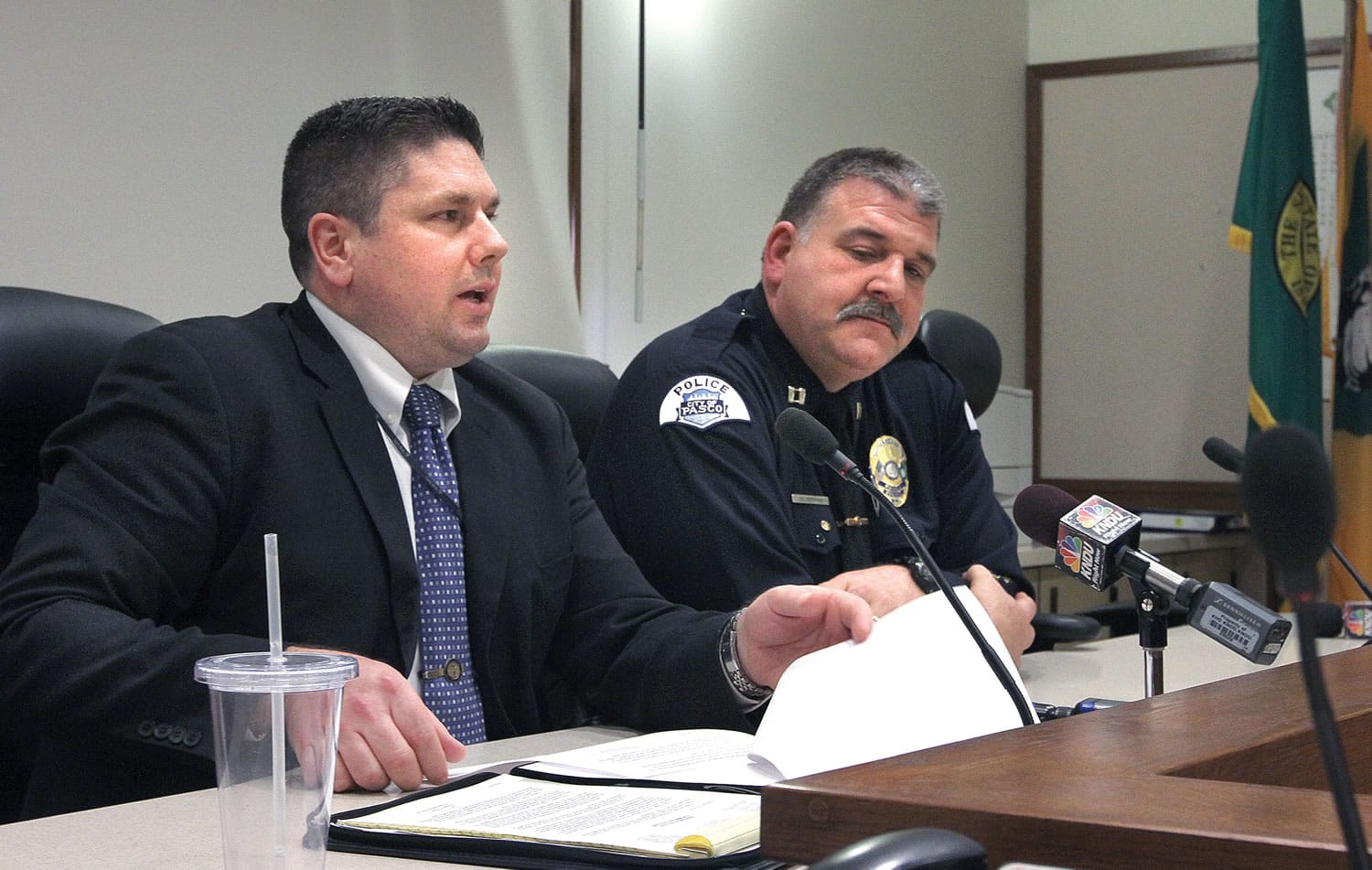 Franklin County Prosecuting Attorney Shawn Sant, left, and Pasco Police Capt. James Raymond hold a news conference Tuesday  regarding the shooting death of Stephan Sergio Aceves, 28, of Pasco.