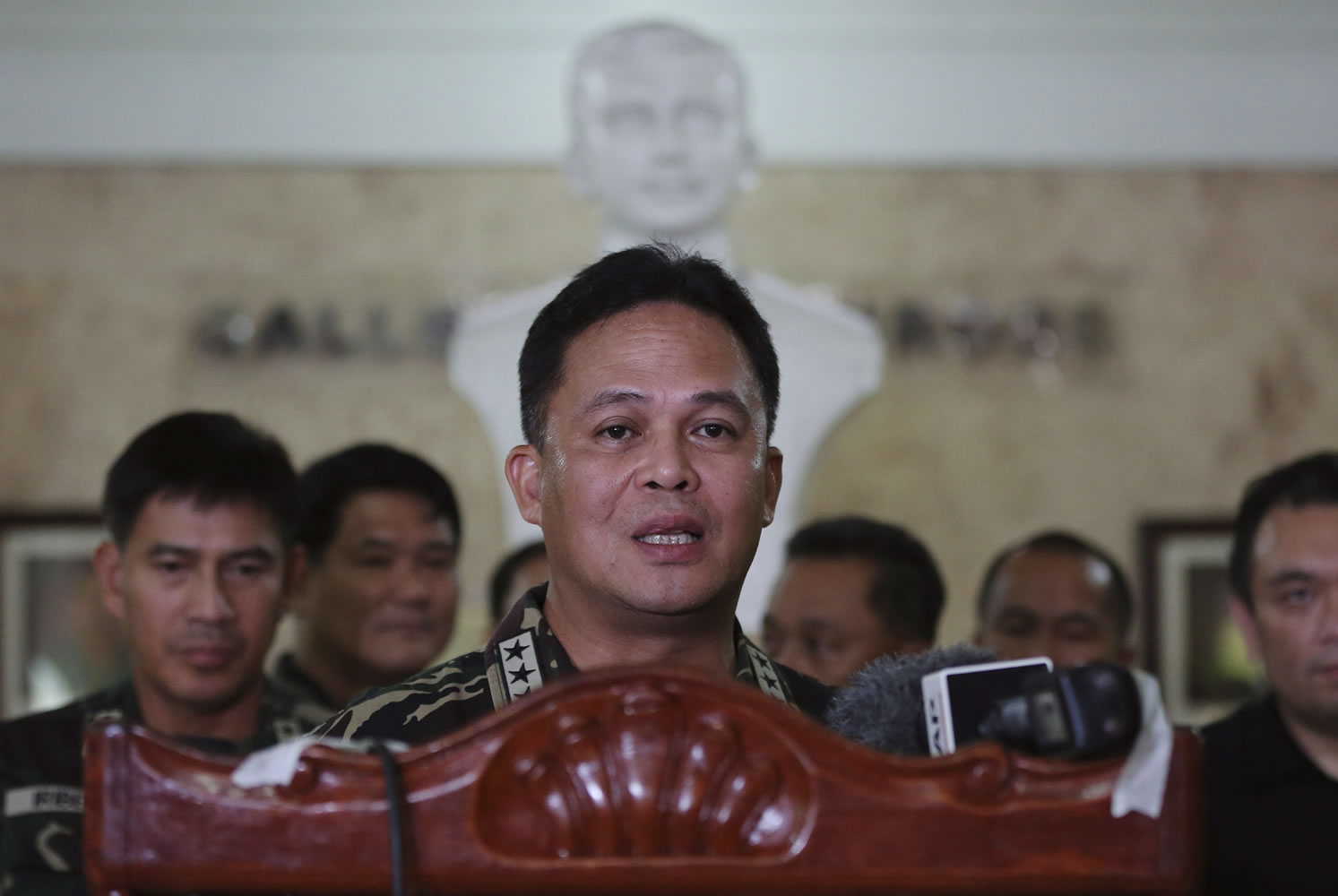 Philippine military chief Gen. Gregorio Pio Catapang talks to reporters about the situation of Filipino peacekeepers in Golan Heights, at Camp Aguinaldo military headquarters in suburban Quezon city, Philippines on Sunday.