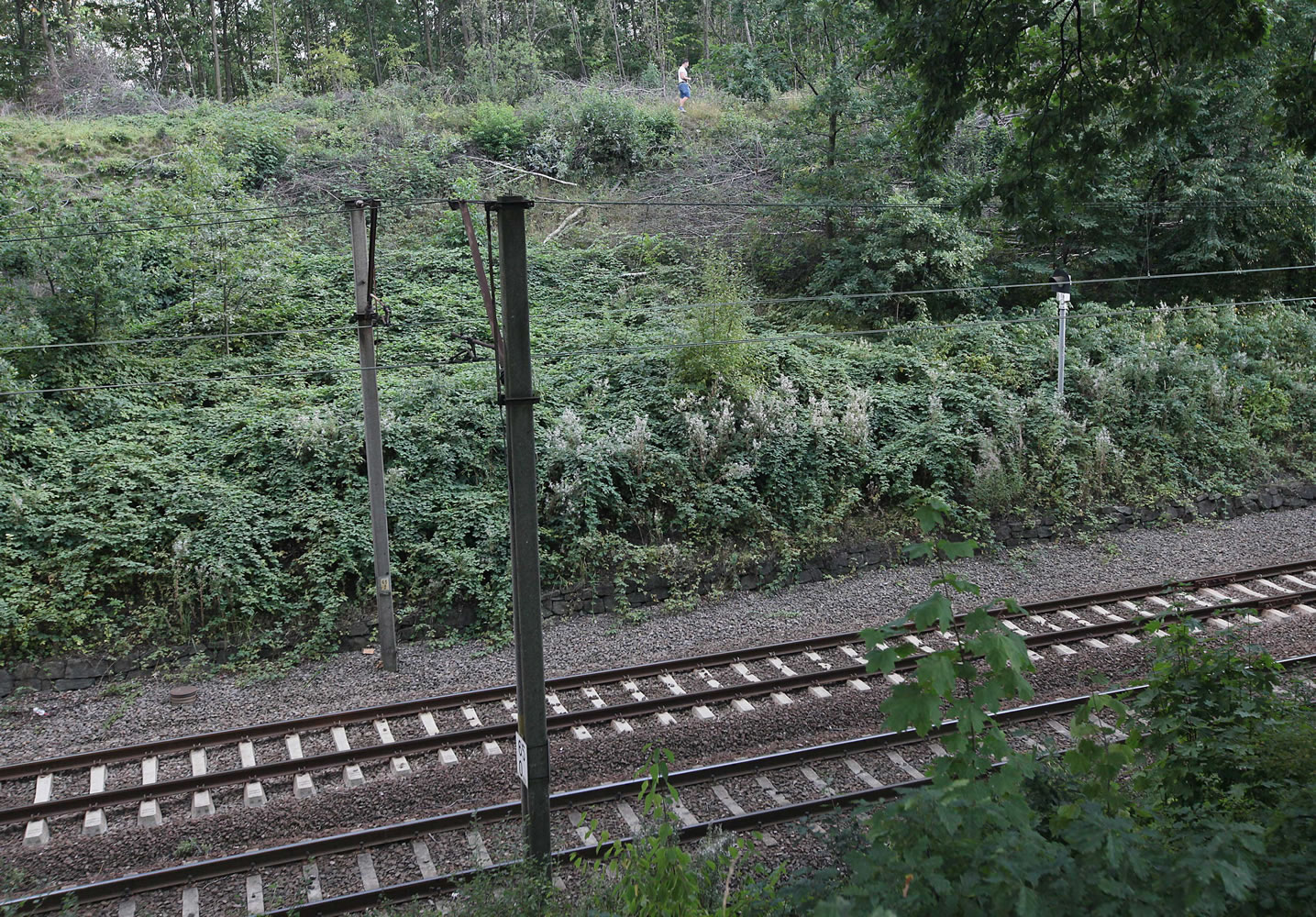 Plainclothed policemen, top, patrol over the site near a local train line, near to the alleged location where a Nazi train carrying gold and treasures is hidden in a collapsed tunnel near to Walbrzych, Poland, Tuesday, Sept. 1, 2015.  Polish authorities have secured the area to prevent treasure hunters and inquisitive local people from accessing the site, after reports were published alleging two men had found an armed train carrying valuables, that reportedly went missing in 1945.