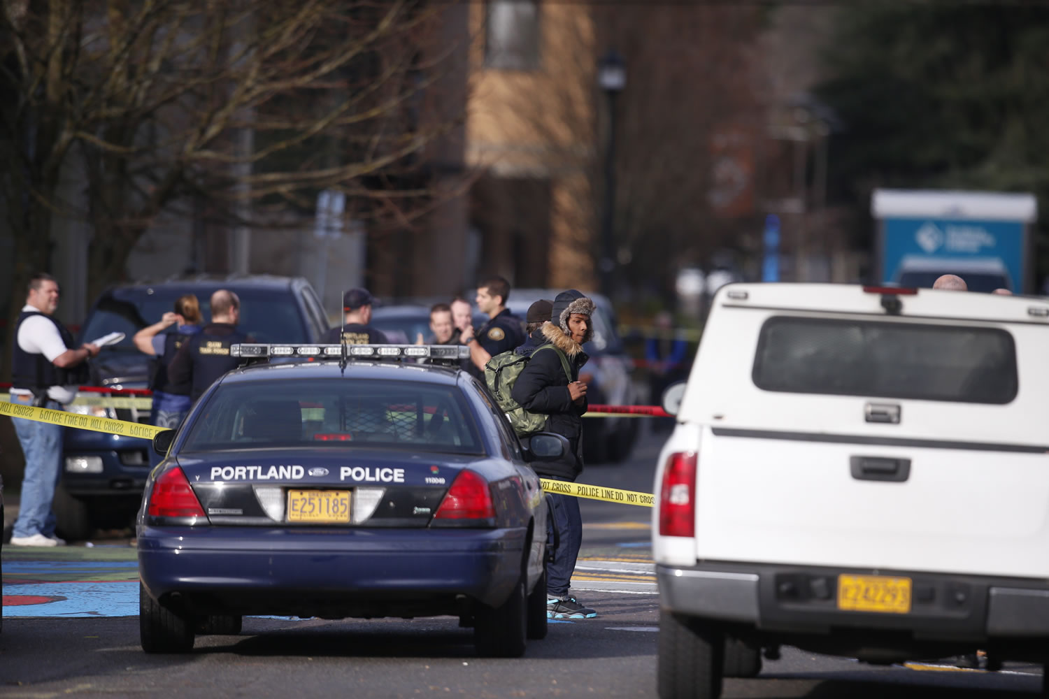 The scene in North Portland where a shooting occurred near Rosemary Anderson High School on Friday.