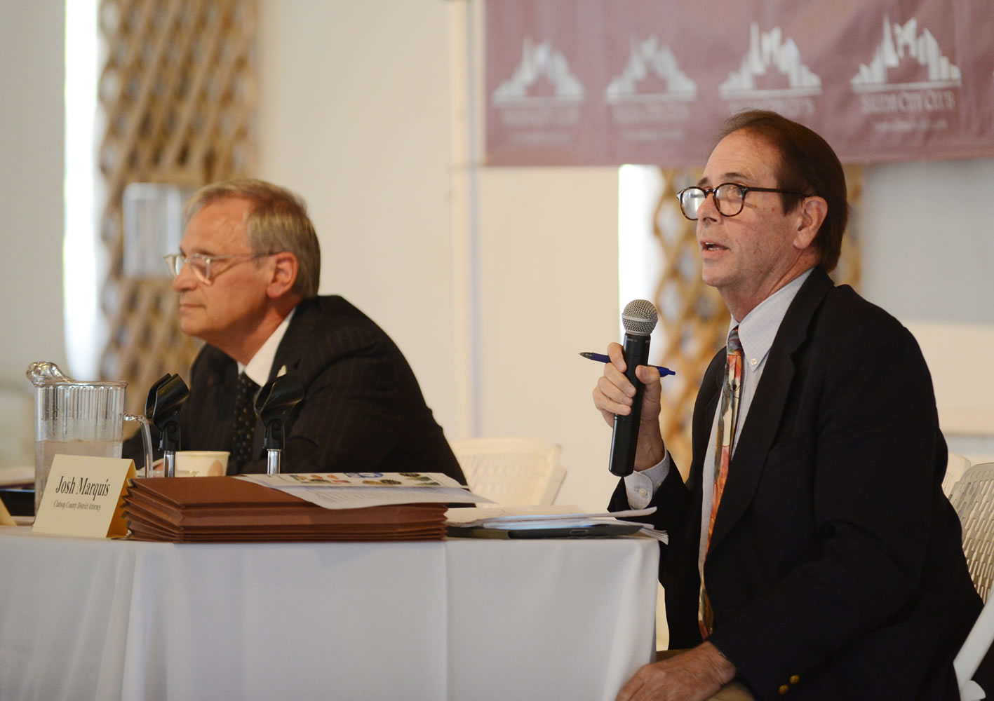 Congressman Earl Blumenauer, left, and Clatsop County District Attorney Josh Marquis debate whether Oregonians should legalize recreational marijuana during a Salem City Club debate at the Willamette Heritage Center in Salem, Ore., on Friday, Sept. 12, 2014. Blumenauer supports legalization. Marquis opposes Measure 91.