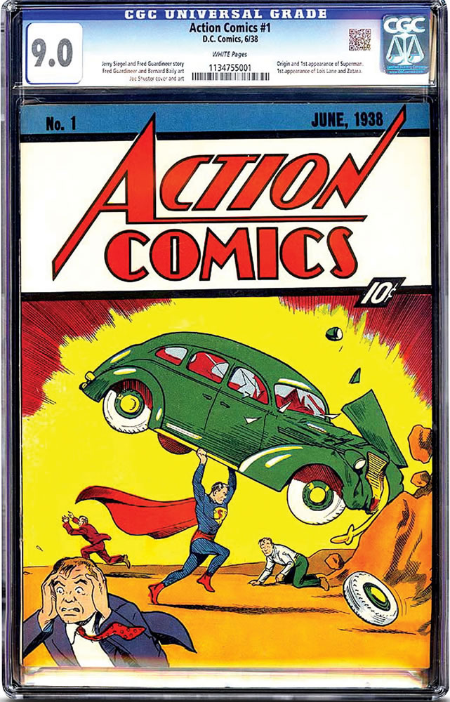 This rare, nearly flawless copy of Superman's comic-book debut has sold for $3.2 million. Created by Cleveland teenagers Jerry Siegel and Joe Shuster, Action Comics No. 1 introduces the Man of Steel's Kryptonian backstory, earthly role as reporter Clark Kent and identity as a champion of the oppressed. About 100 to 150 copies are believed to exist, only a handful of them in top condition.