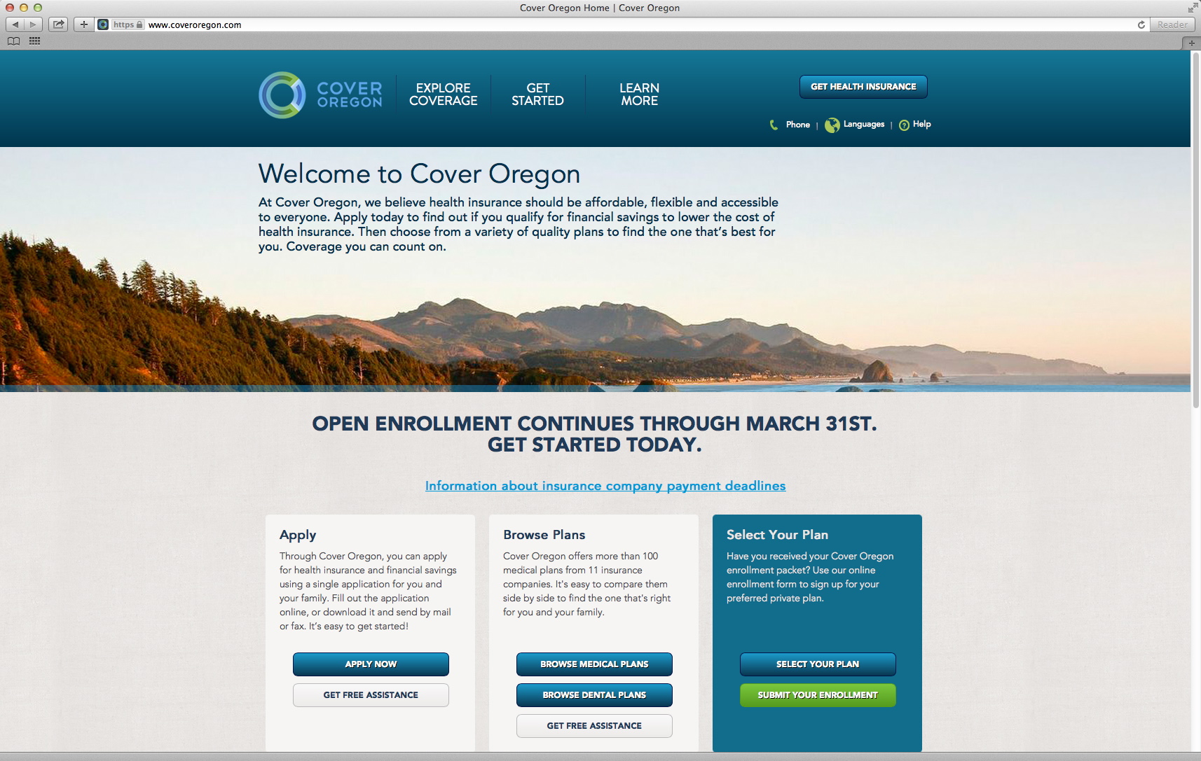 The website for Oregon's health care exchange, Cover Oregon